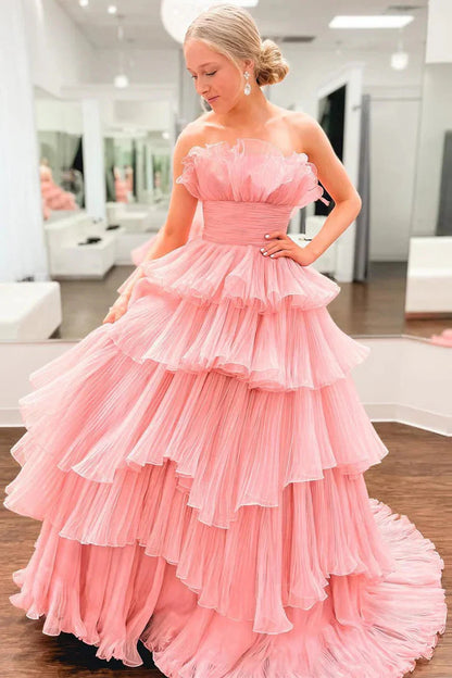Strapless Empire Tiered With Train Chic Prom Dress