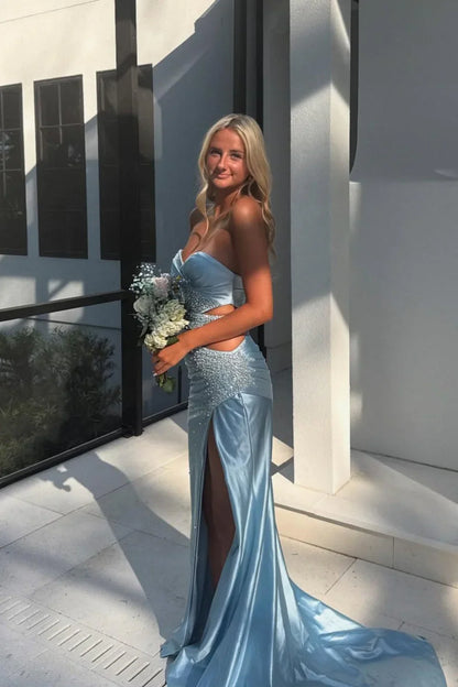 Strapless Illusion Empire Beaded Satin Party Prom Dress With Leg Slit