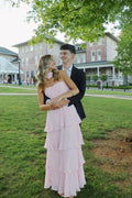 Strapless Light Pink Pleated Long Dress with Scarf Strapless Tiered Maxi Dresses