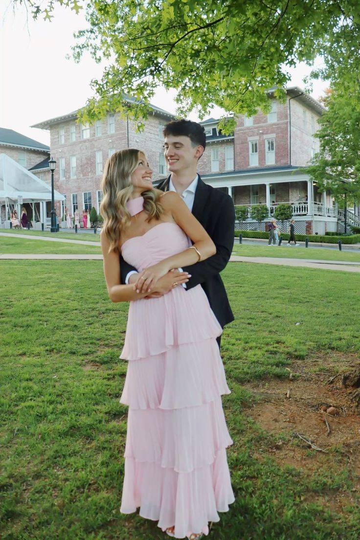 Strapless Light Pink Pleated Long Dress with Scarf Strapless Tiered Maxi Dresses