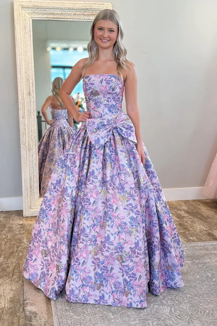 Strapless Satin A-Line Floral Empire Long Party Prom Dress
