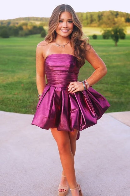 Strapless Satin A-Line High Waist Party Homecoming Dress With Bow