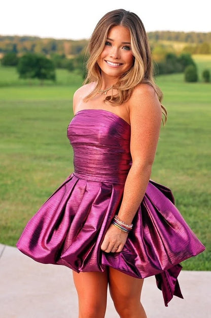 Strapless Satin A-Line High Waist Party Homecoming Dress With Bow
