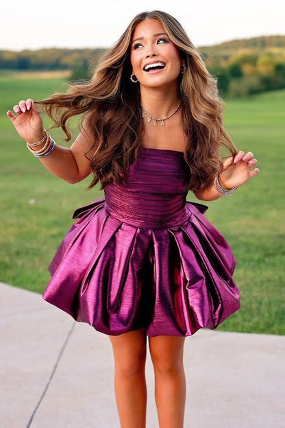 Strapless Satin A-Line High Waist Party Homecoming Dress With Bow
