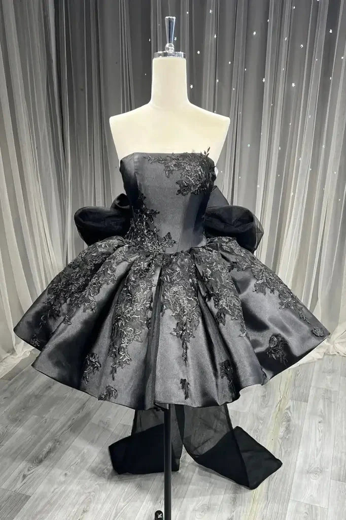Strapless Satin A-Line Lace Appliques Homecoming Dress With Bow
