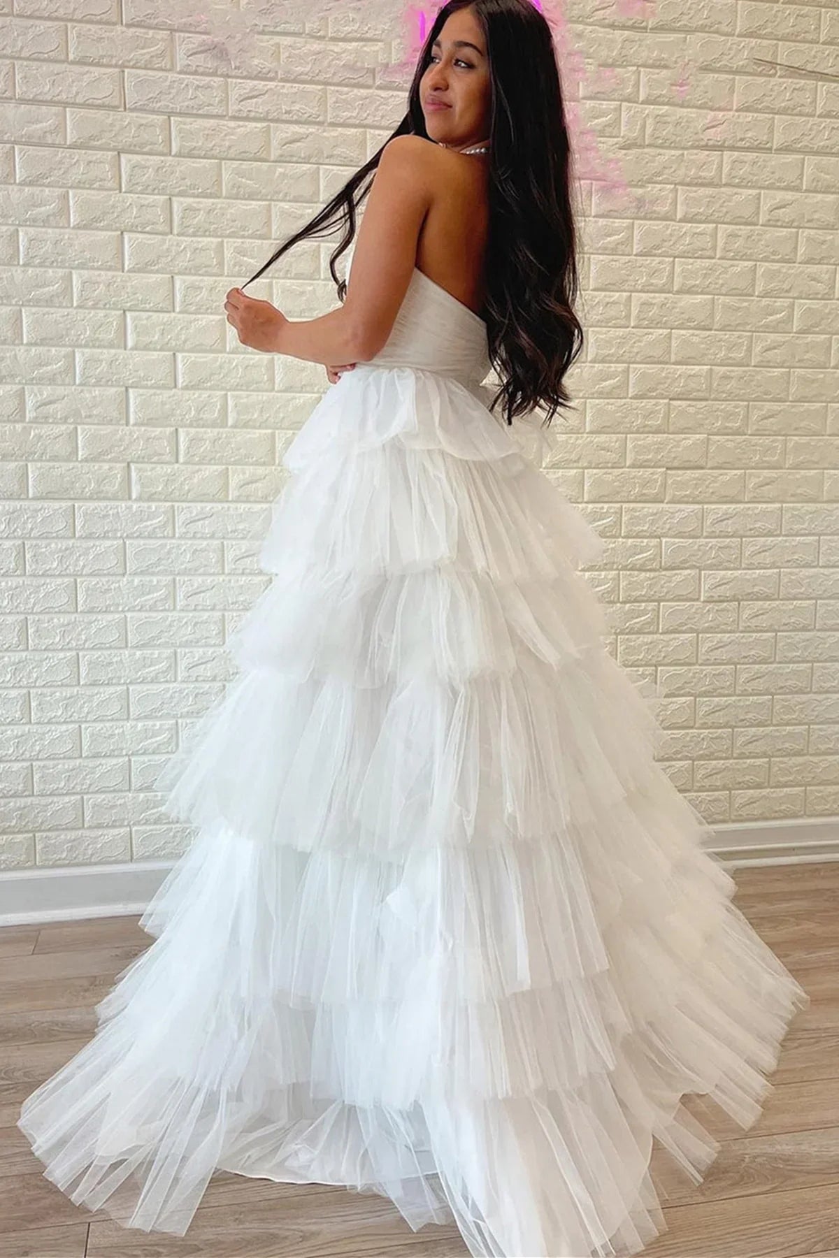 Strapless Sleeveless Tulle A-Line Empire Tiered Party Prom Dress
