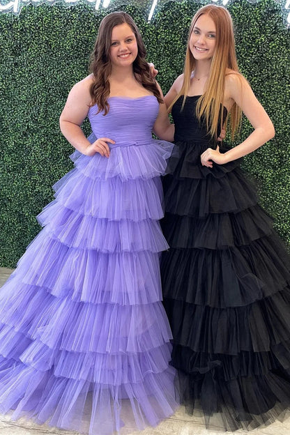 Strapless Sleeveless Tulle A-Line Empire Tiered Party Prom Dress