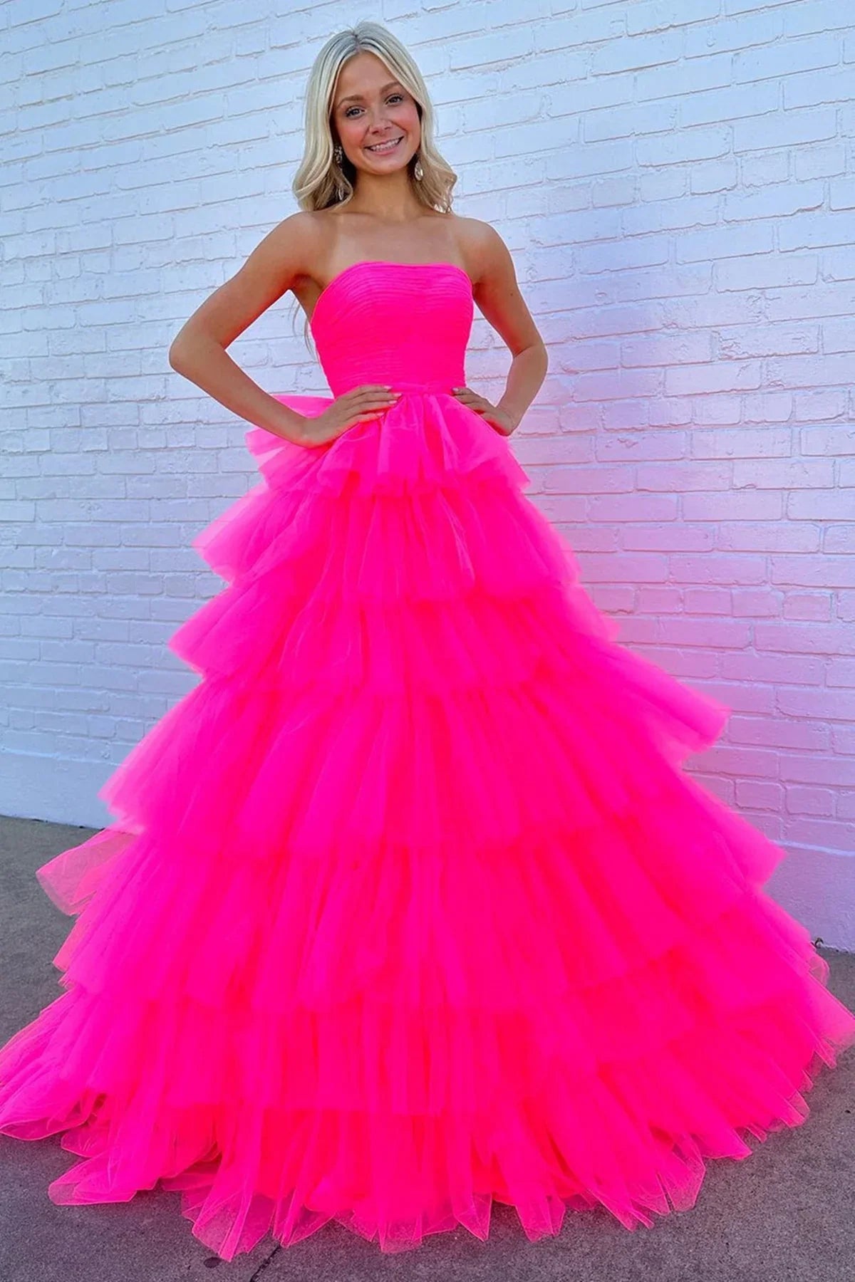 Strapless Sleeveless Tulle A-Line Empire Tiered Party Prom Dress