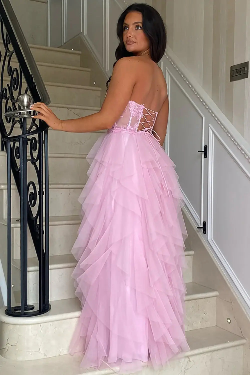Strapless Tulle A-Line Empire Appliques Tiered Party Prom Dress