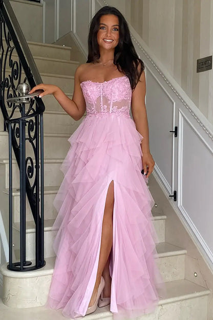 Strapless Tulle A-Line Empire Appliques Tiered Party Prom Dress