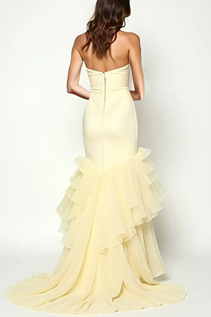 Strapless Zipper -Up A-Line Party Prom Dress With Tiered Chiffon Train