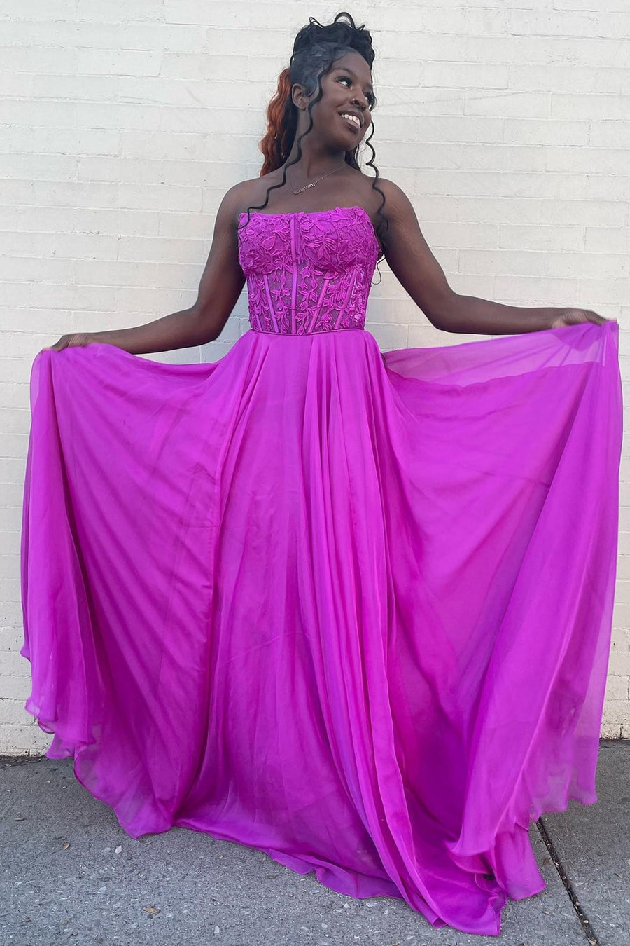 Strapless Black Appliques A-line Long Dress Chiffon Formal Dresses
