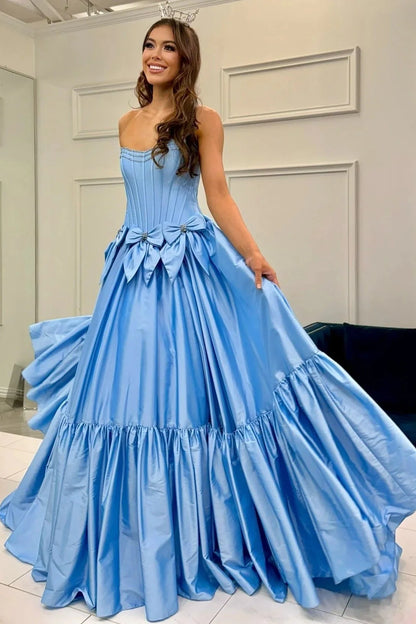 Satin A-Line Strapless Empire With Bows Prom Dress