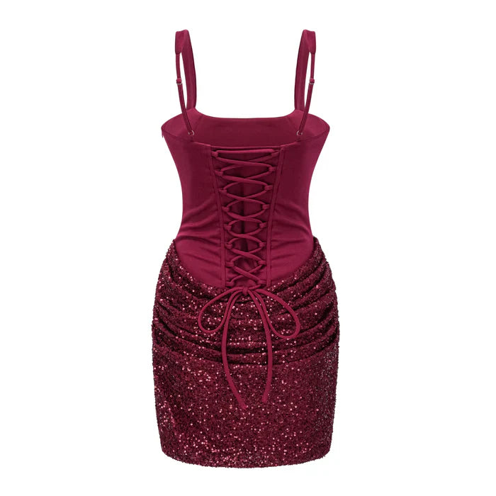 Straps Bodycon Satin And Sequin Ruched Mini Party Homecoming Dress