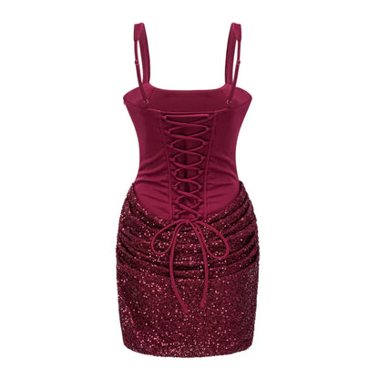 Straps Bodycon Satin And Sequin Ruched Mini Party Homecoming Dress