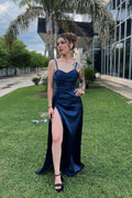 Straps Navy Blue Pleated Long Dress with Slit