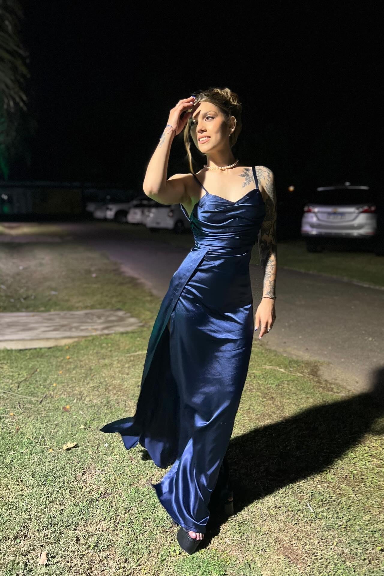 Straps Navy Blue Pleated Long Dress with Slit