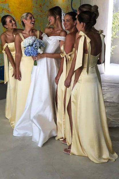 Straps Sleeveless A-Line Satin Leg Slit Bridesmaid Dress