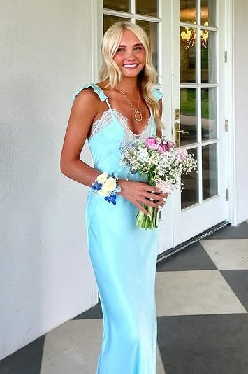 Straps V-Neck Satin And Lace Sheath Long Party Prom Dress