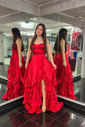Straps Ruffle Long Formal Dress A-line Layered Prom Dresses Open Back