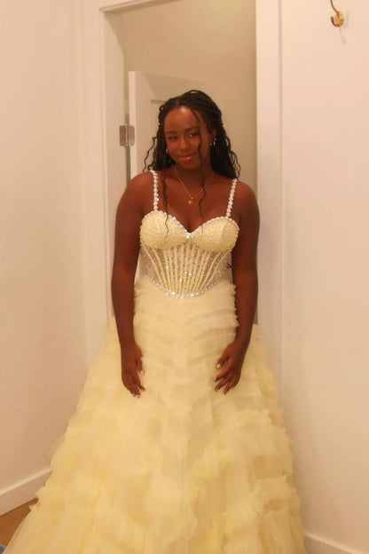 Sweetheart Beaded Straps Tiered Tulle A-Line Party Prom Dress