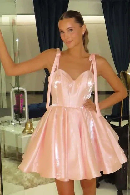 Sweetheart Bow Straps Satin A-Line Mini Homecoming Dress