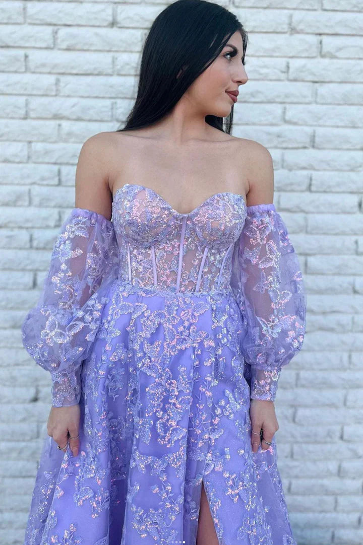 Sweetheart Empire Lace Sequins Appliques With Slit Prom Dress