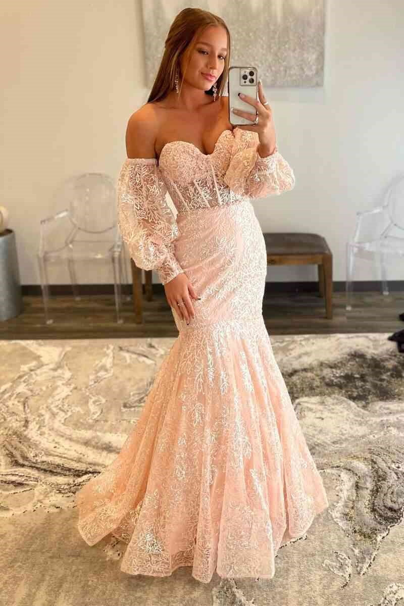 Sweetheart Long Sleeves Mermaid Sparkly Tulle Appliques Party Prom Dress