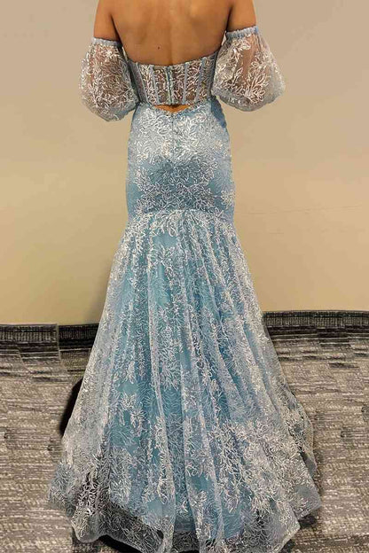 Sweetheart Long Sleeves Mermaid Sparkly Tulle Appliques Party Prom Dress