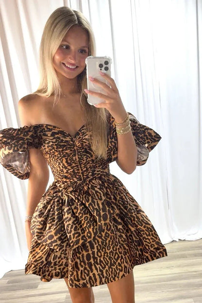 Sweetheart Off-Shoulder A-Line Empire Leopard Homecoming Dress