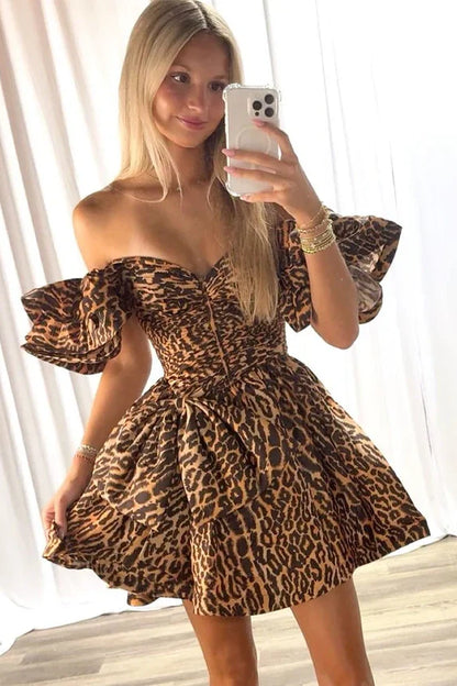 Sweetheart Off-Shoulder A-Line Empire Leopard Homecoming Dress