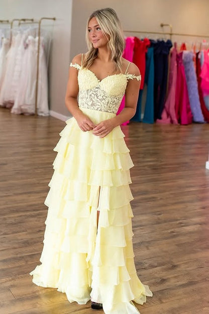 Sweetheart Off-Shoulder Chiffon A-Line Lace Appliques Tiered Party Prom Dress