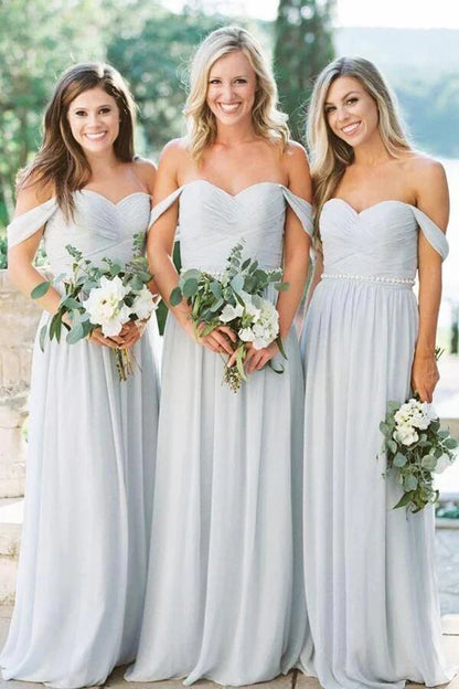 Sweetheart Off-Shoulder Chiffon A-Line Long Bridesmaid Dress