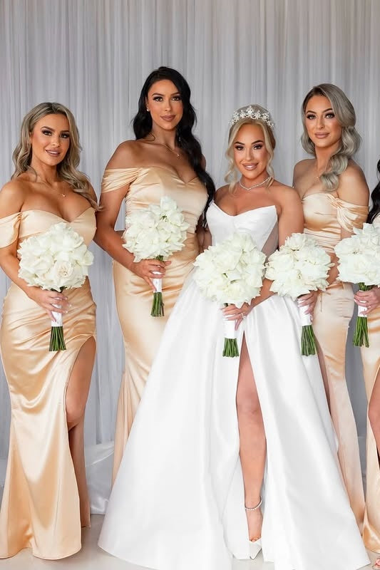 Sweetheart Off-Shoulder Satin Bridesmaid Dress With Slit