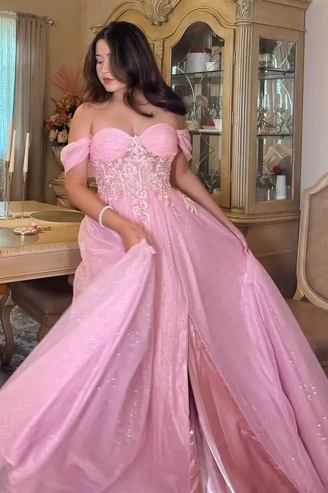 Sweetheart Off-Shoulder Tulle A-Line Lace Appliques Prom Party Dress