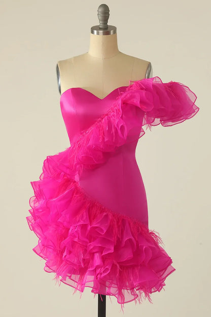 Sweetheart One Shoulder Feathers Ruffled Short Homecoming Dress