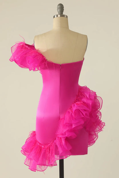 Sweetheart One Shoulder Feathers Ruffled Short Homecoming Dress