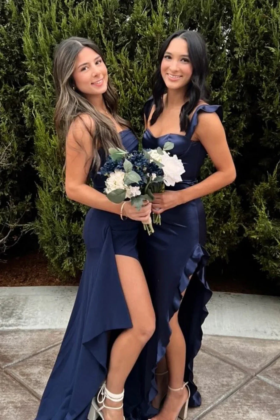 Sweetheart Ruffle Straps Satin Party Prom Dress With Slit