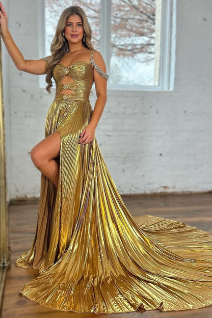 Sweetheart Satin A-Line Beaded Party Prom Dress With Slit