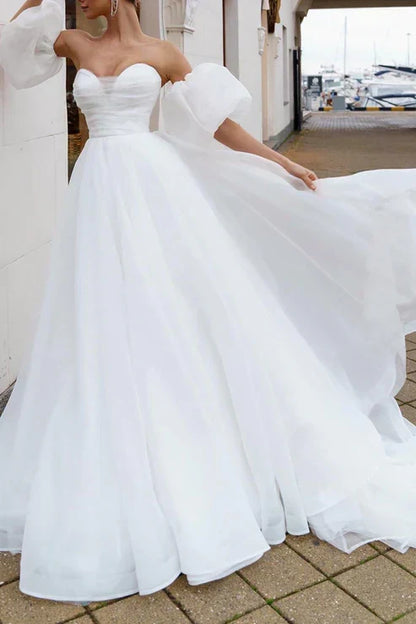 Sweetheart Short Sleeves A-Line Empire Wedding Dress With Train