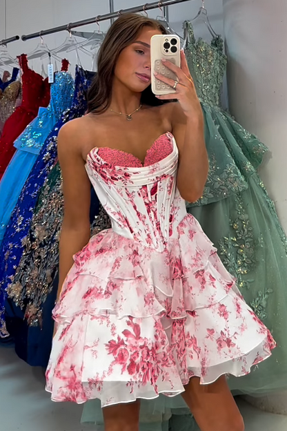 Sweetheart Sleeveless Empire A-Line Chiffon Floral Homecoming Dress