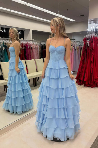 Sweetheart Sleeveless Lace-Up Chiffon A-Line Tiered Party Prom Dress
