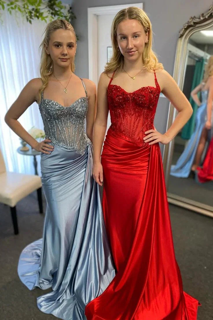 Sweetheart Sleeveless Lace Appliques Mermaid Party Prom Dress With Slit