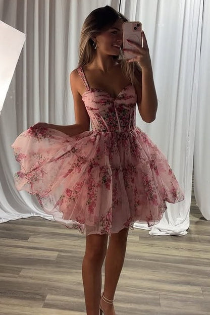 Sweetheart Soaghetti Straps Chiffon A-Line Floral Homecoming Dress