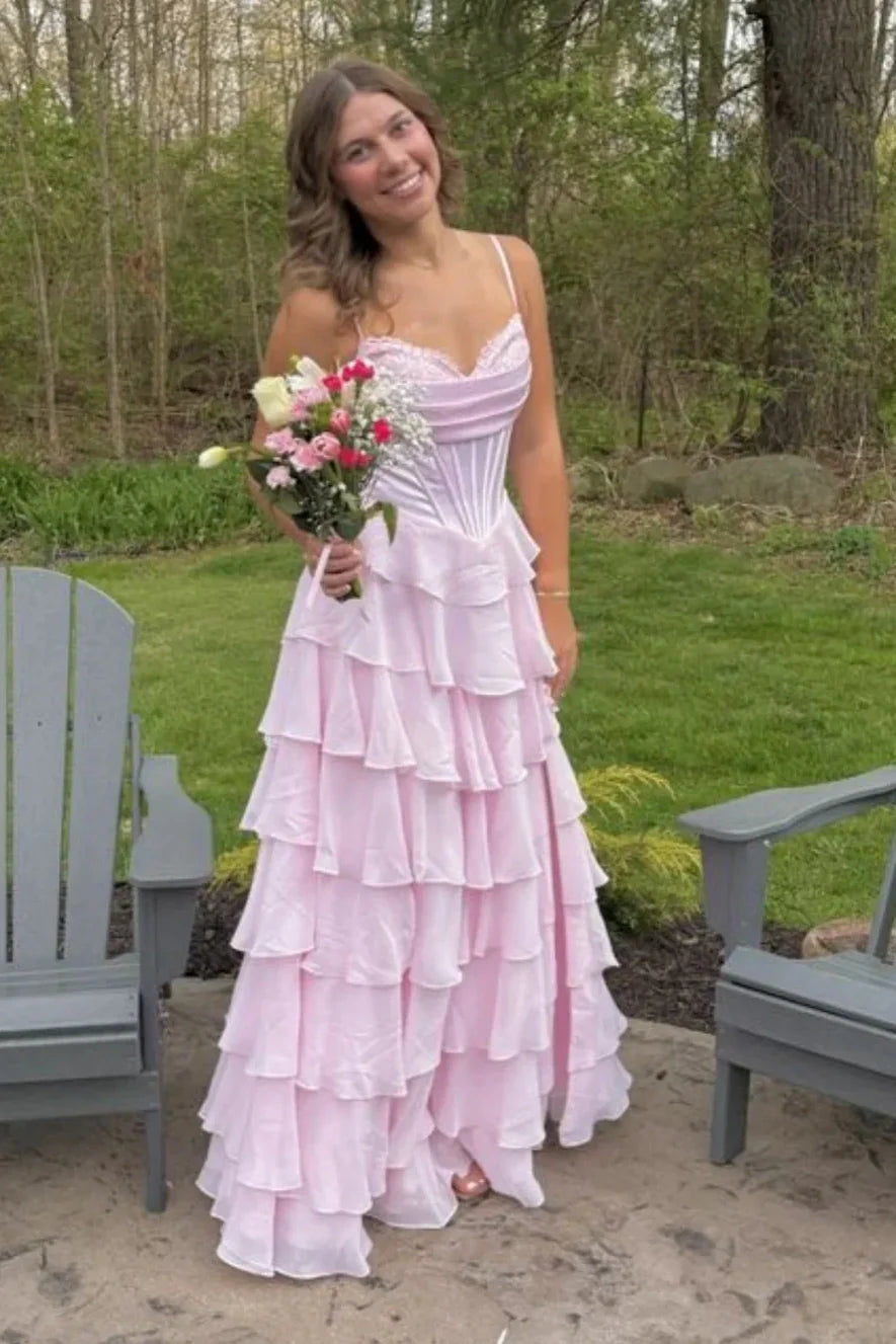 Sweetheart Spaghetti A-Line Empire Chiffon Tiered Prom Party Dress
