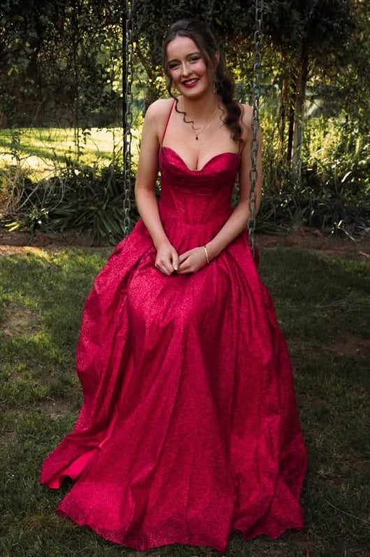 Sweetheart Spaghetti Straps A-Line Sparkly Party Prom Dress