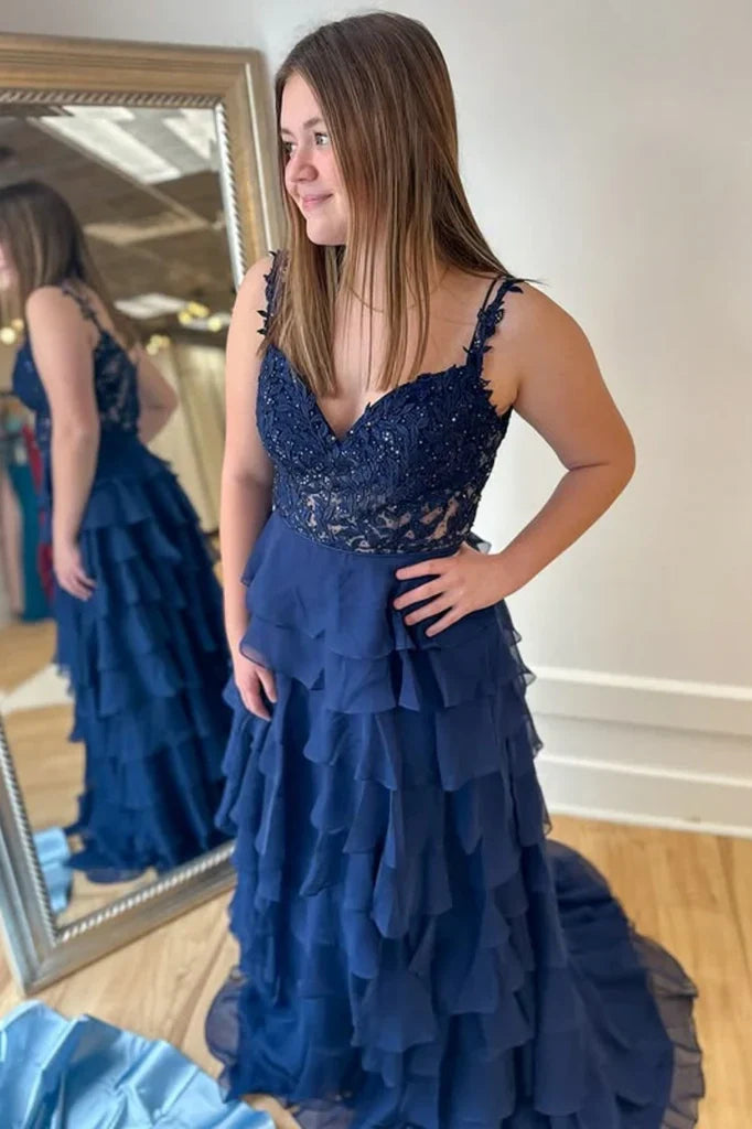 Sweetheart Spaghetti Straps A-Line Tiered Long Party Prom Dress