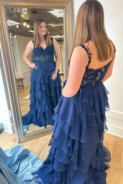 Sweetheart Spaghetti Straps A-Line Tiered Long Party Prom Dress