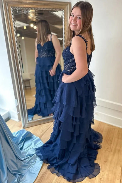 Sweetheart Spaghetti Straps A-Line Tiered Long Party Prom Dress