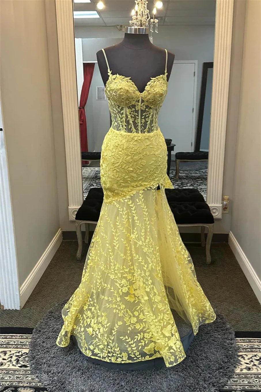 Sweetheart Spaghetti Straps Mermaid Lace Party Prom Dress With Slit